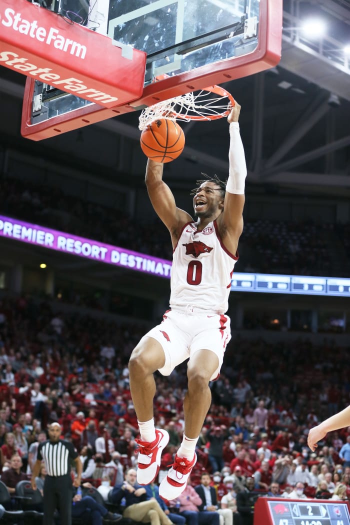 Arkansas Razorbacks guard Stanley Umude (0) dunks the ball in the second half against the South Carolina Gamecocks at Bud Walton Arena. Arkansas won 75-59.